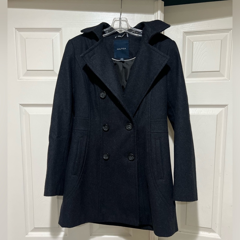 Nautica  Women's Small Detachable Hood Gray Wool Blend Pea Coat Winter Fall Warm